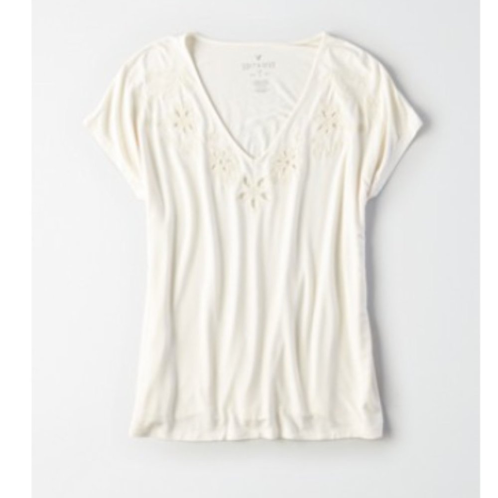 AE Soft & Sexy Cut Out Embroidery V-neck T-shirt
